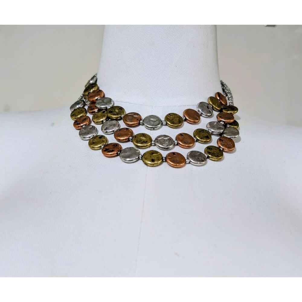 Tri Tone Hammered Disc Statement Necklace Silver Gold Copper Adjustable - Picture 2 of 5